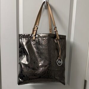 Michael Kors Shiny Silver and Tan Tote